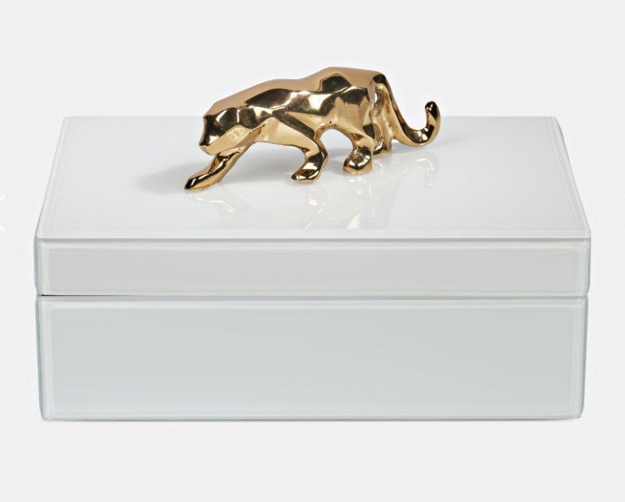 White Glass Box with Brass Jaguar,11 &quot; x 7&quot; x 4&quot;