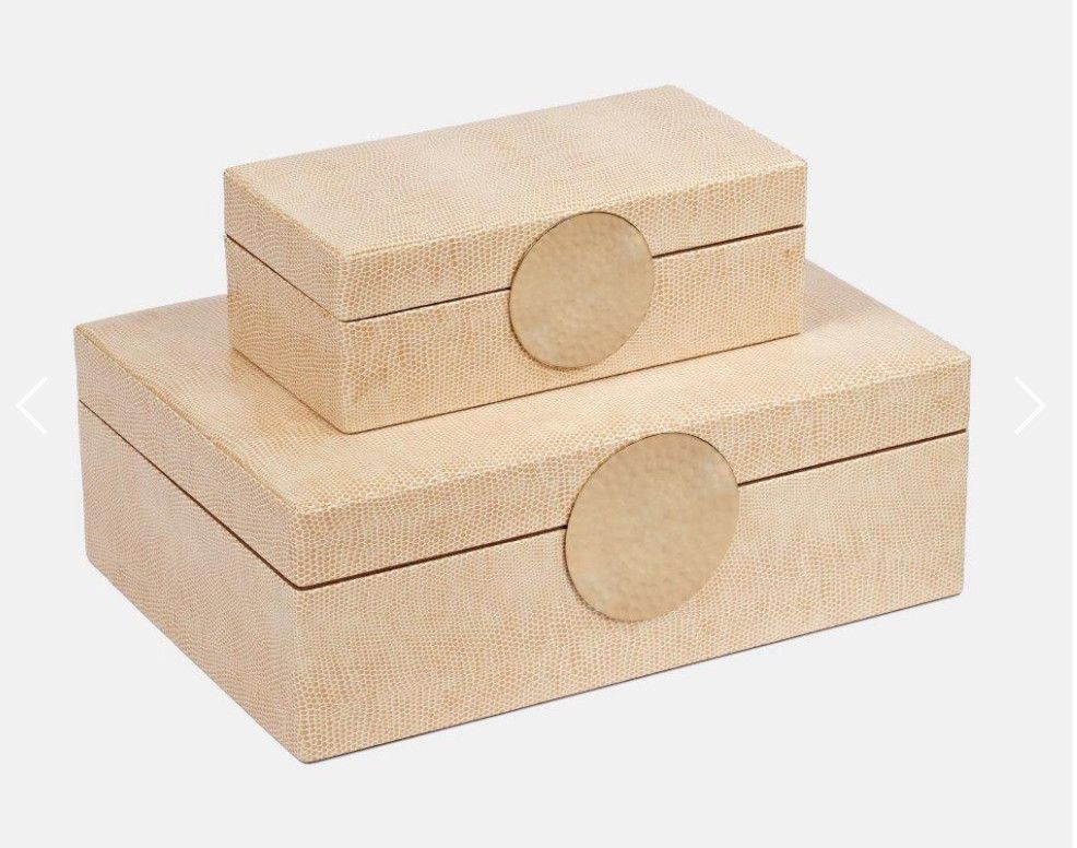 Faux  Cream Snakeskin Boxes with Hammered Brass Hardware, Set/2, 11.5&quot; x 8&quot; x 4&quot; and 9&quot; x 4&quot; x 3.5&quot;
