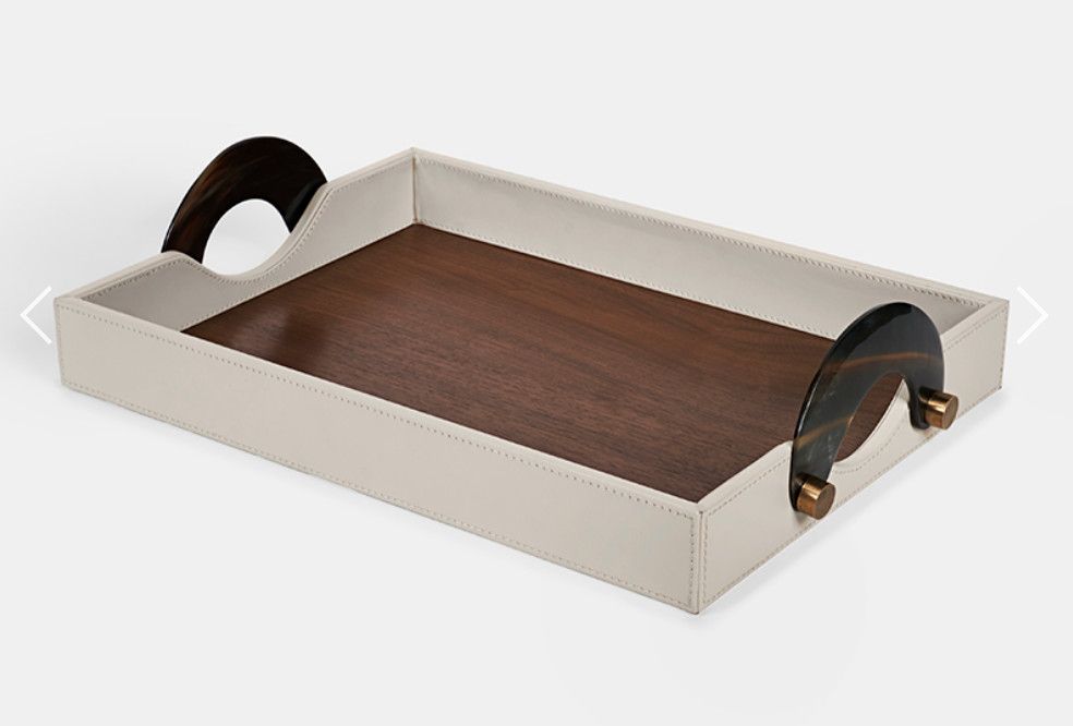 Tray, Top-Grain Beige Leather, Walnut Interior, Horn Handles, 16.5&quot; x 12.5&quot;