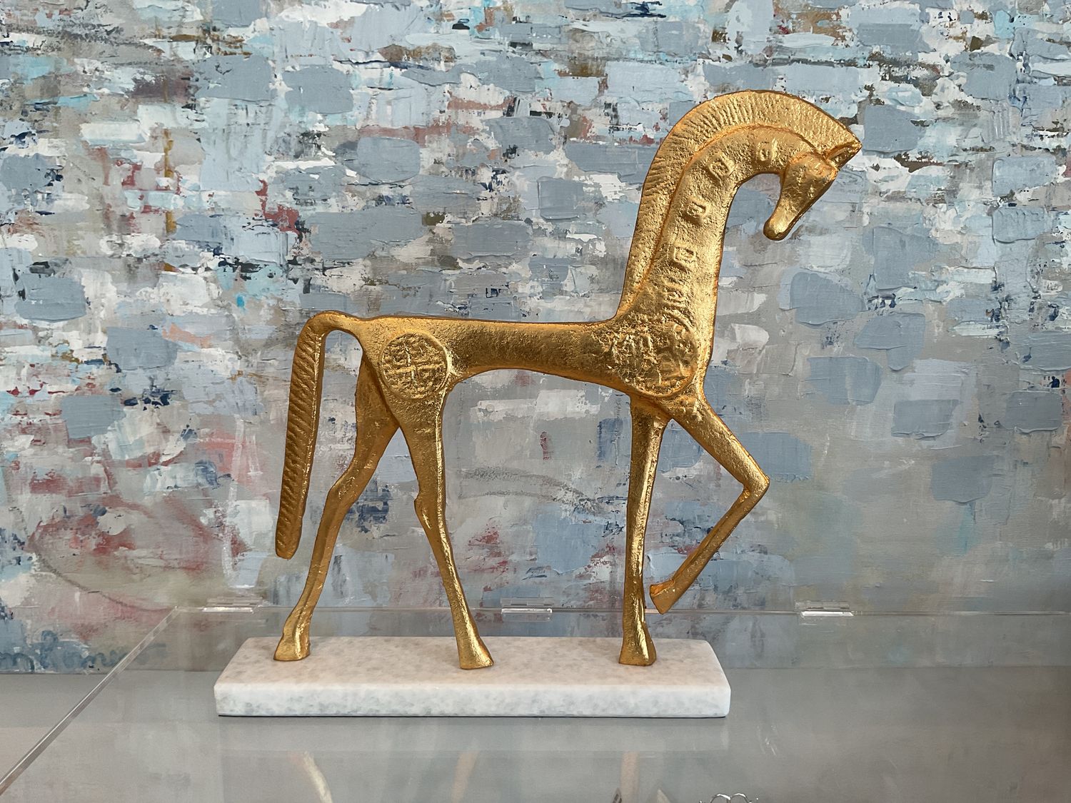 Roman Horse, Gold, White Marble Base, Large