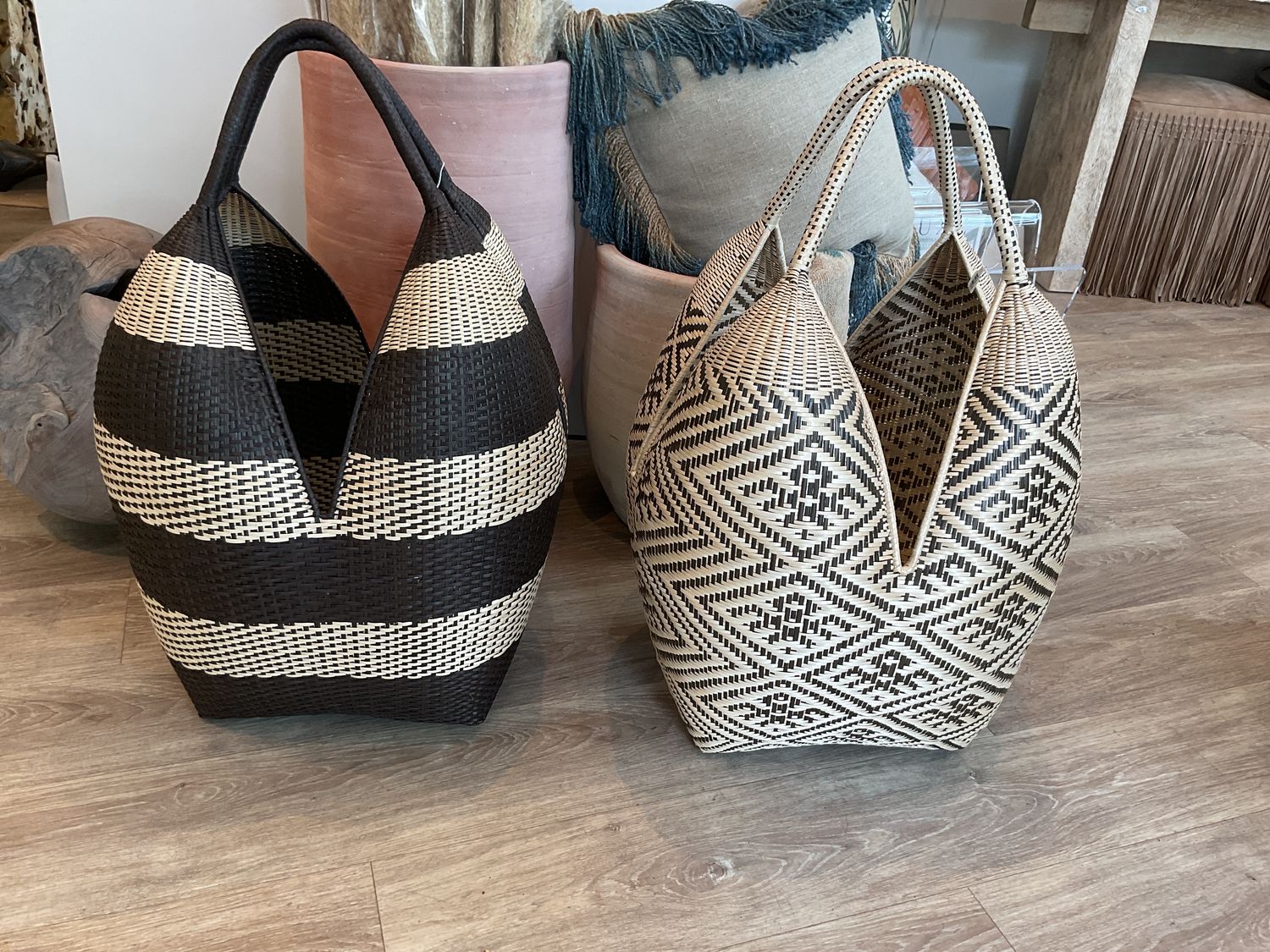 SOLD Floor Basket, Tall Woven Stripe Dark Brown w/Blonde, Small