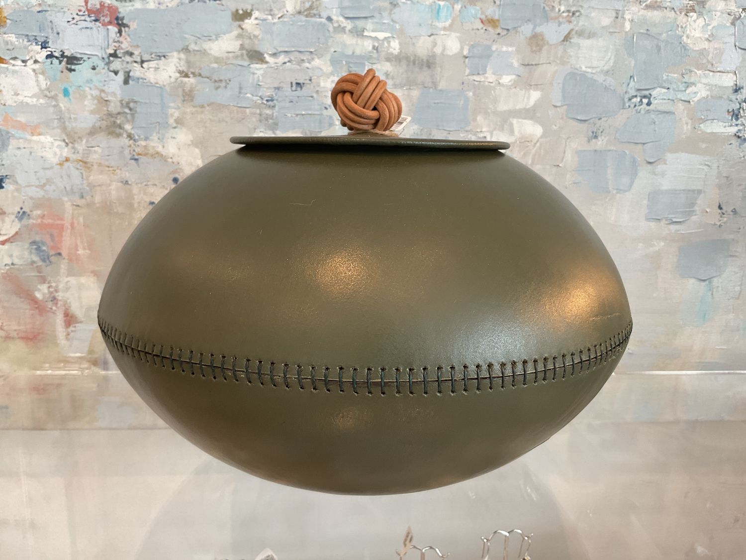 Bowl or Bucket with Lid, Green Leather with Knot on Lid
