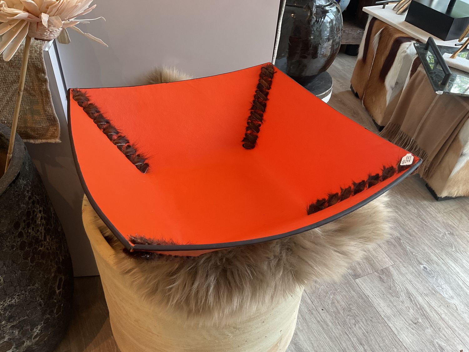Bowl or Basket, Orange Leather Square with Hide Ties in 4 Corners, Small