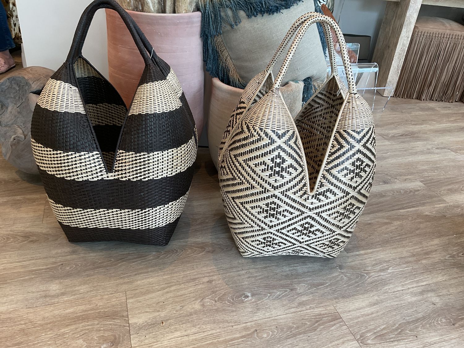 Floor Basket, Tall Woven Dark Brown w/Blonde Jaquard, Small