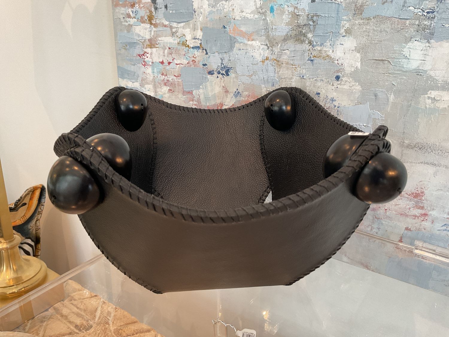 Bowl or Basket, Sm Black Leather Square with Wood Closures in 4 Corners