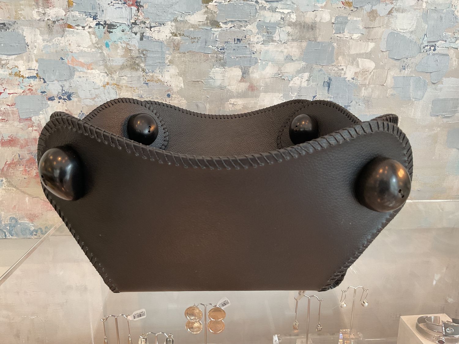 Bowl or Basket, Lg Black Leather Square with Wood Closures in 4 Corners