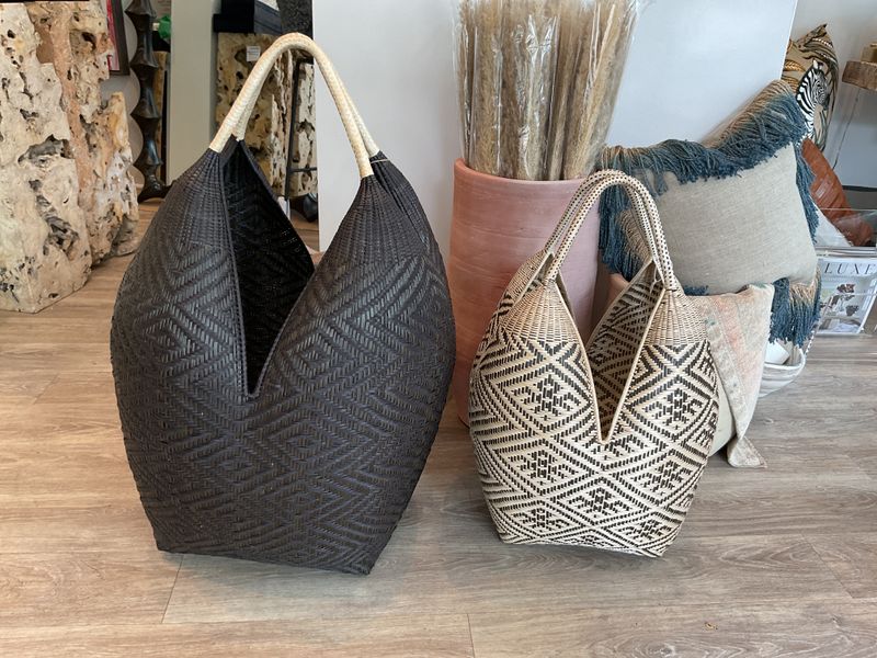 Floor Basket, Tall Woven Dark Brown w/Blonde Handle, Large