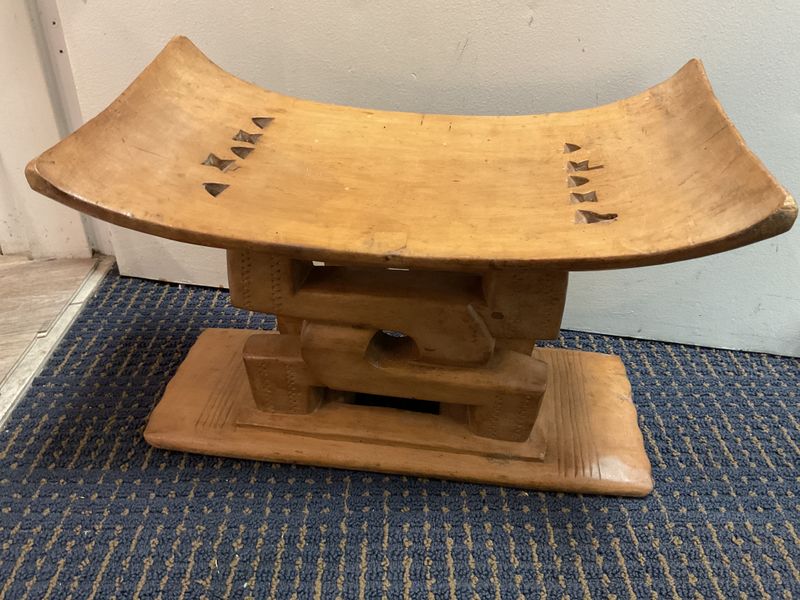 One-of-a-Kind Vintage Carved Wood Stool, Rectangular Curved Seat