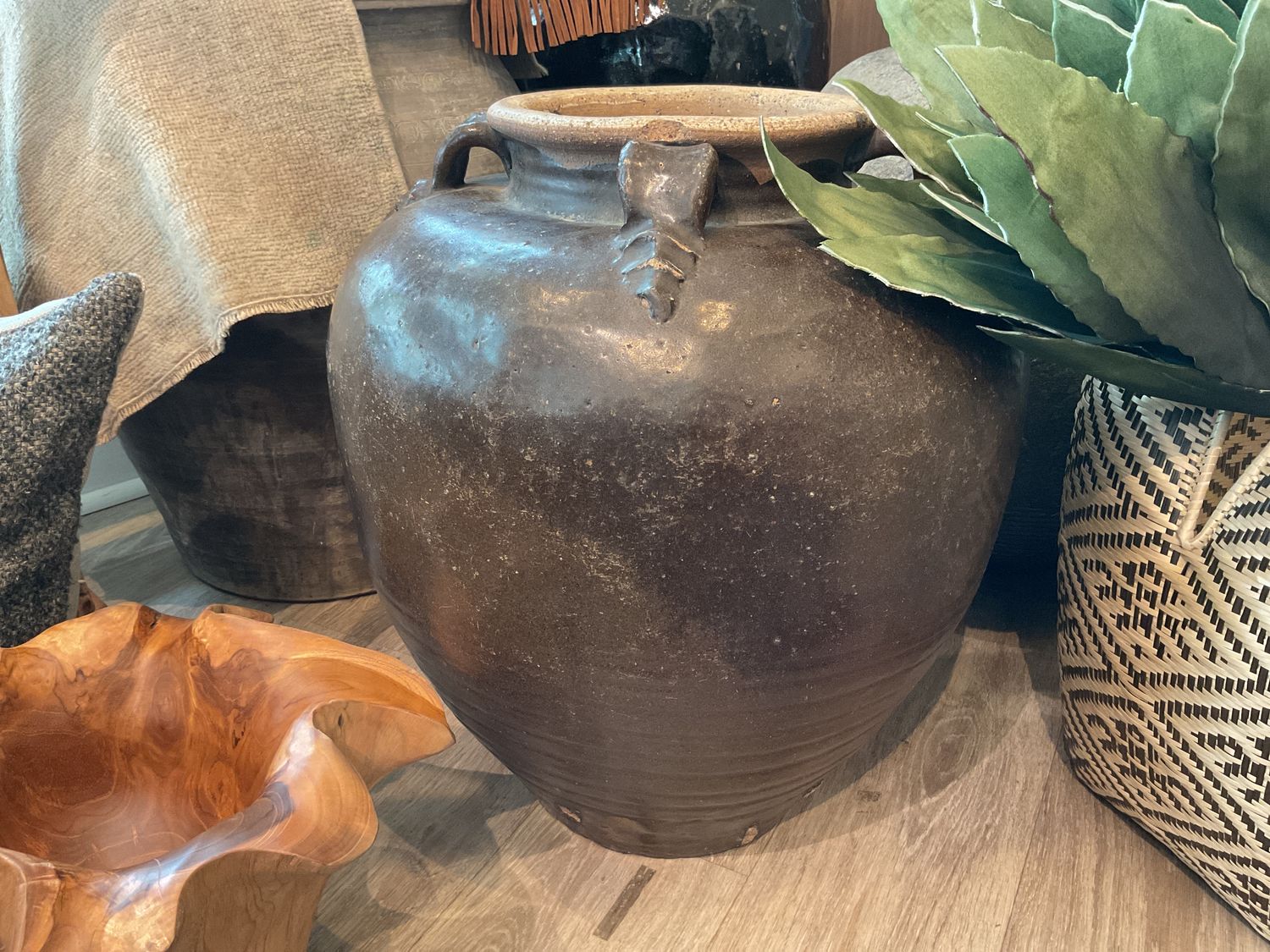 Vintage Large Wine Jar Brown Decorative Handles 22&quot; x 20
