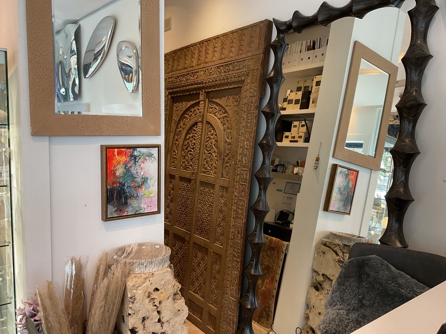 Mid 20C Hand Carved Mango Wood Door Painted 58&quot;W x 92.5H