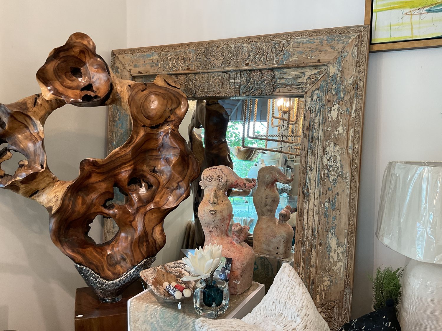Large Mirror With Frame Form Old Teak Hand Carved Door Orig. Paint 63&quot;x5x85