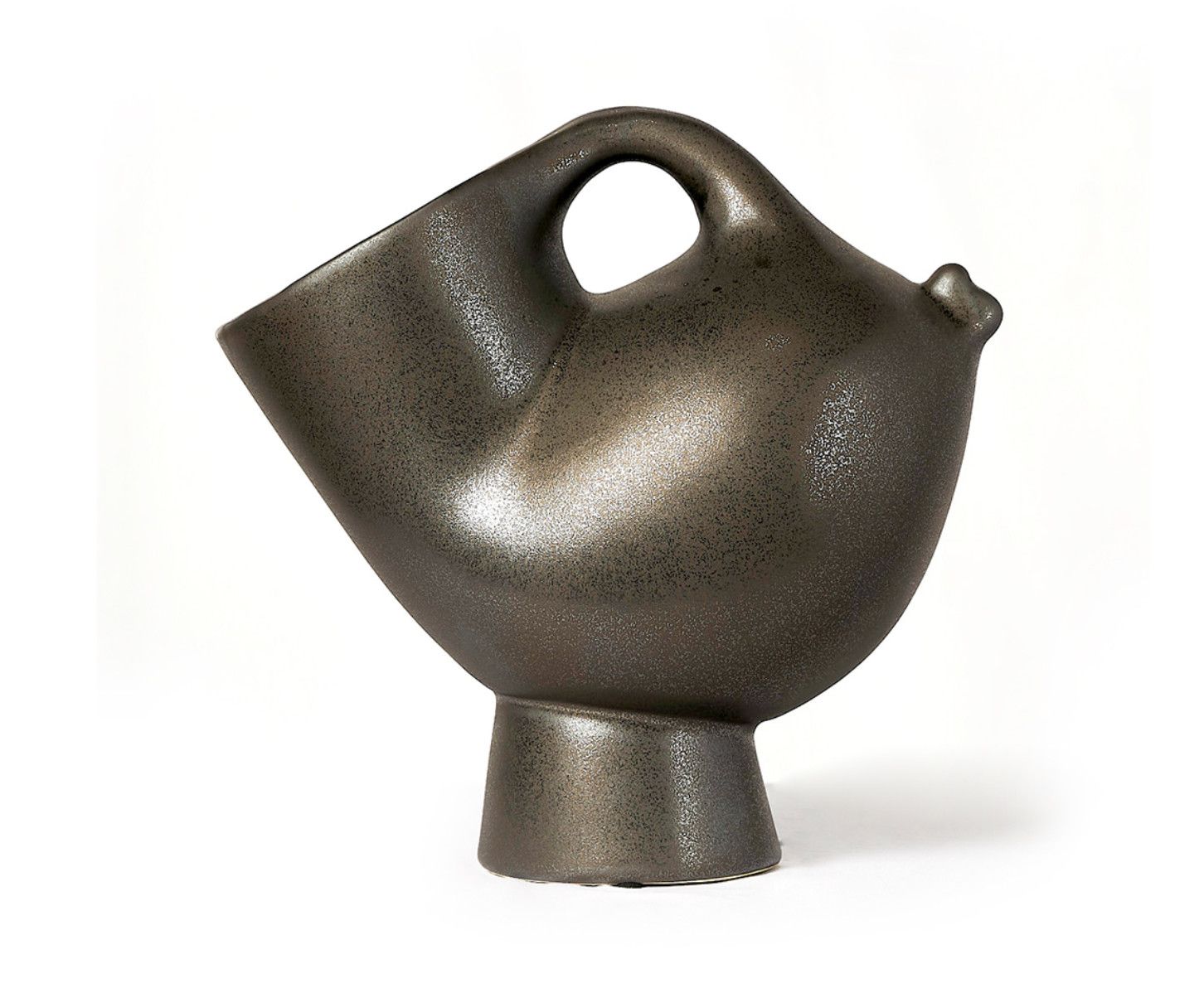 Vase, Horn-Shaped, Black Ceramic, Asian, 11&quot; H x 12&quot; W
