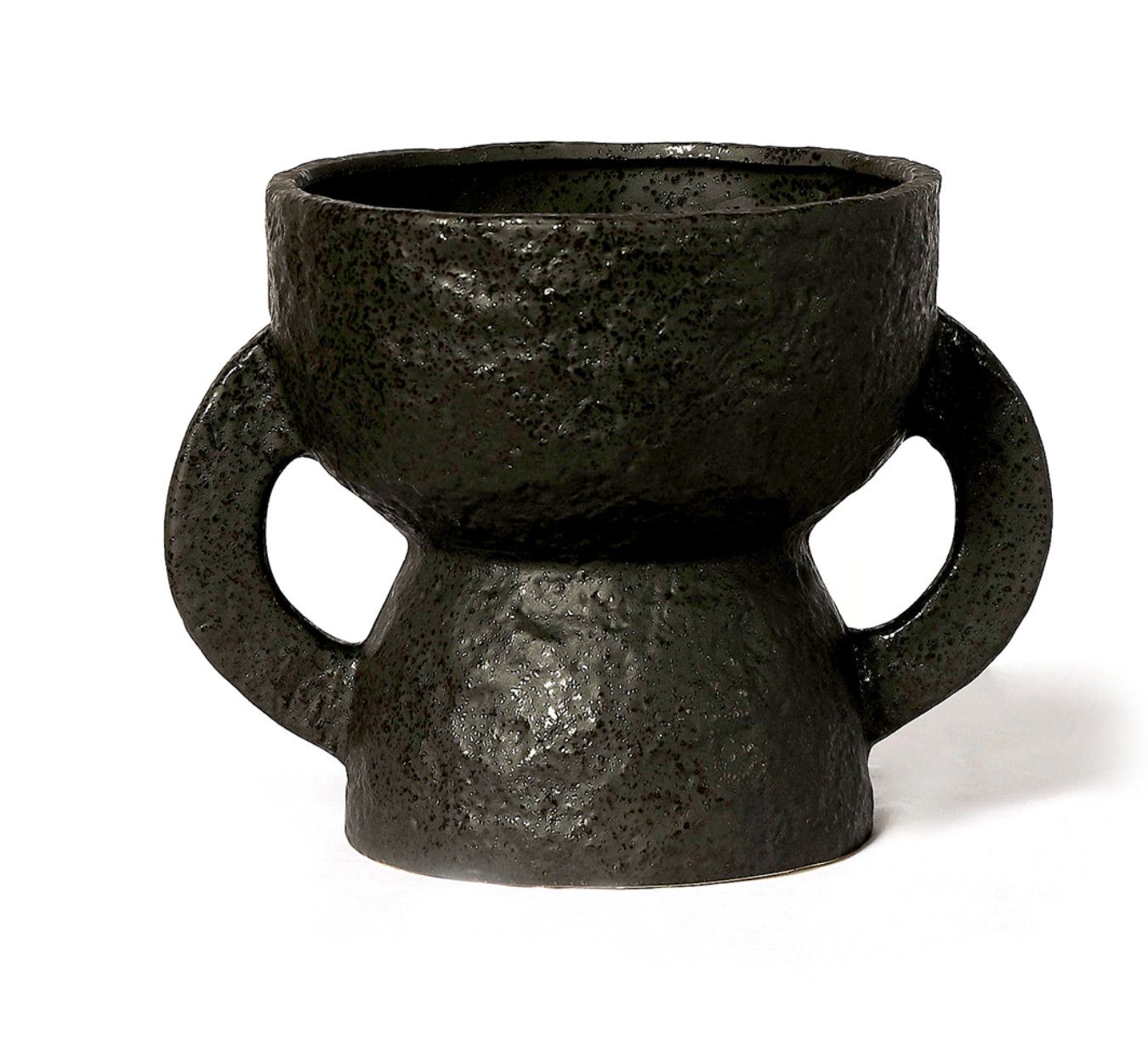 Vase, Black Ceramic, Handles, Borneo, 8&quot; H x 11&quot; D