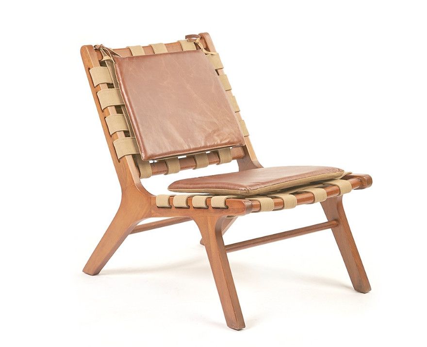 Chair, Canvas, Top Grain Leather, Teak Frame, Laos Artisan Made