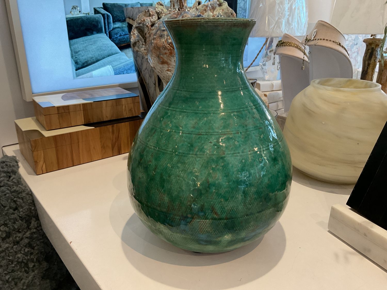 Vase Green Glazed Ribbed Asian Vessels w/ Neck 9”x12