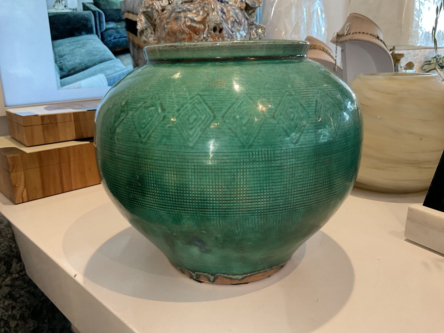 Vase Glazed Green Patterned Asian Vessel Round 11&quot;x9&quot;