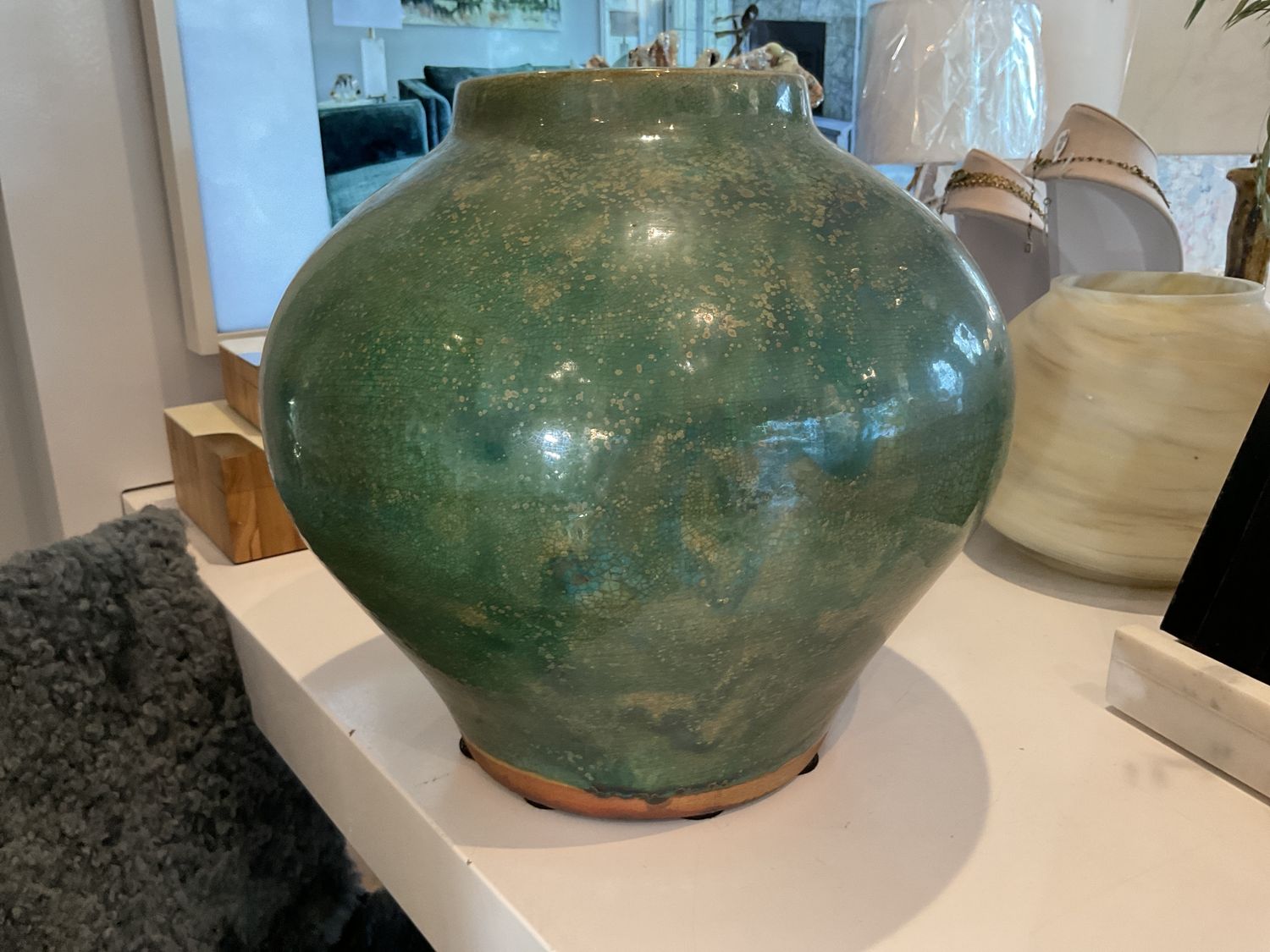 Wine Jar 1940&#39;s Vintage Asian Porcelain Blue/Green Glaze 13&quot;