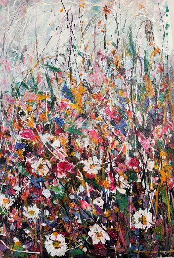 Original Art, 24x36, White Frame, Abstract Floral, Bright