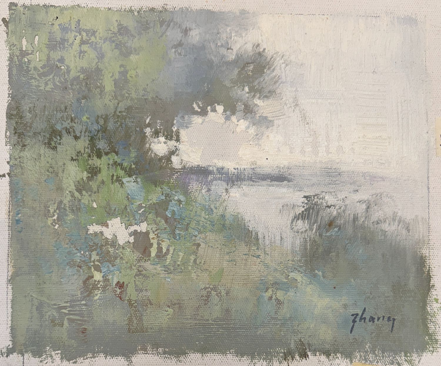 Original Art, 8x10, White Frame, Abstract Landscape with Tree and Lake