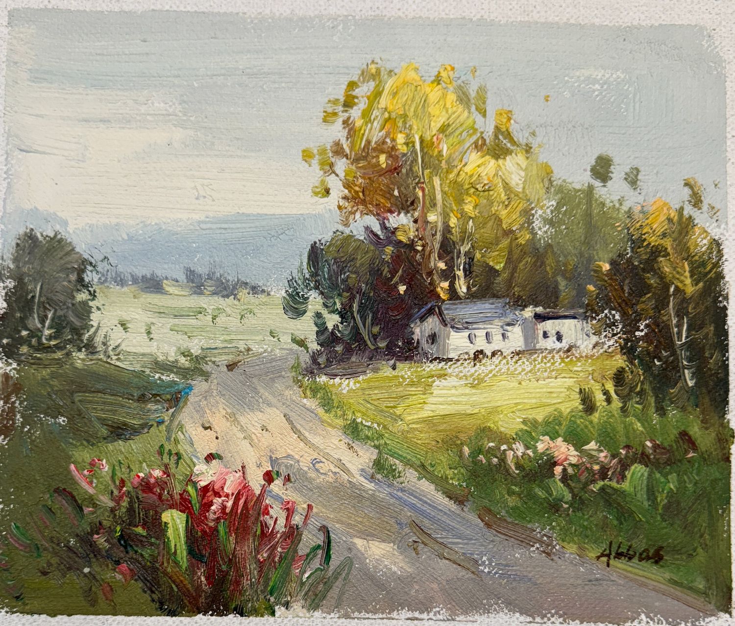 Original Art, 8x10, White Frame, Road with Home and Foliage