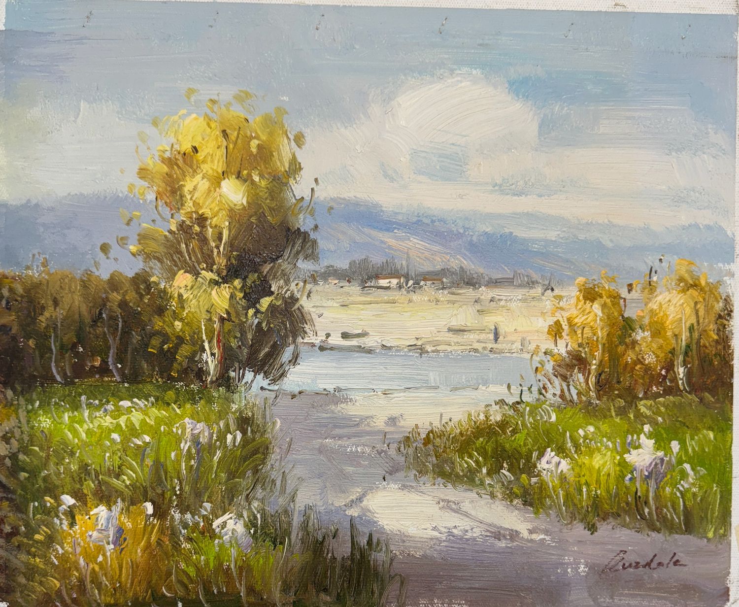 Original Art, 12x16, Brown Frame, Abstract Landscape with Foliage and River, Homes in Background