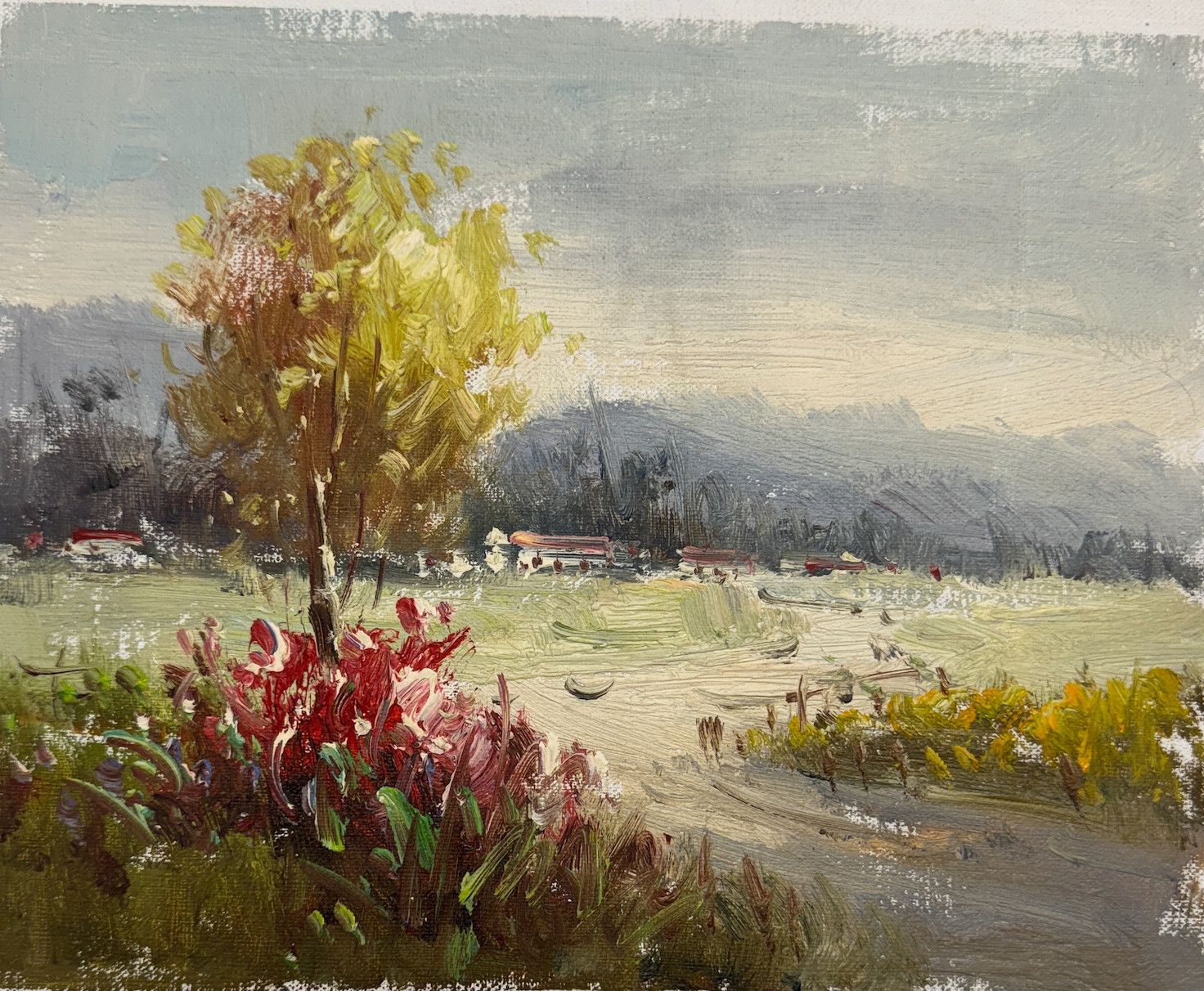 Original Art, 8x10, White Frame, Abstract Landscape with Tree and Homes