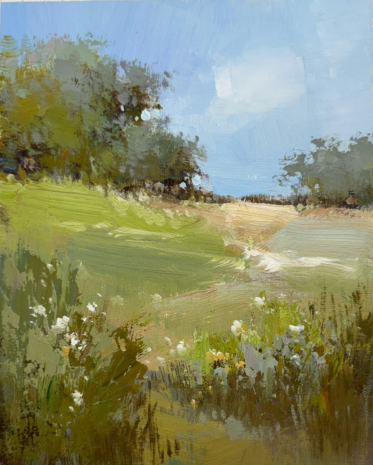Original Art, 8x10, Natural Frame, Abstract Landscape with Sky and Flowers