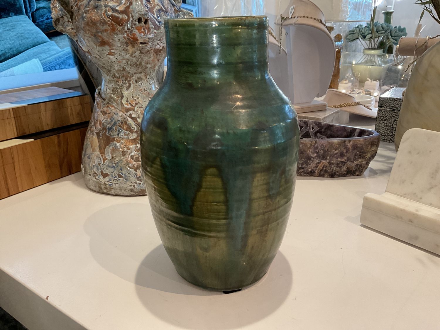 Vase Porcelain Asian Green Drip Glaze 10.75&quot;H x 6W