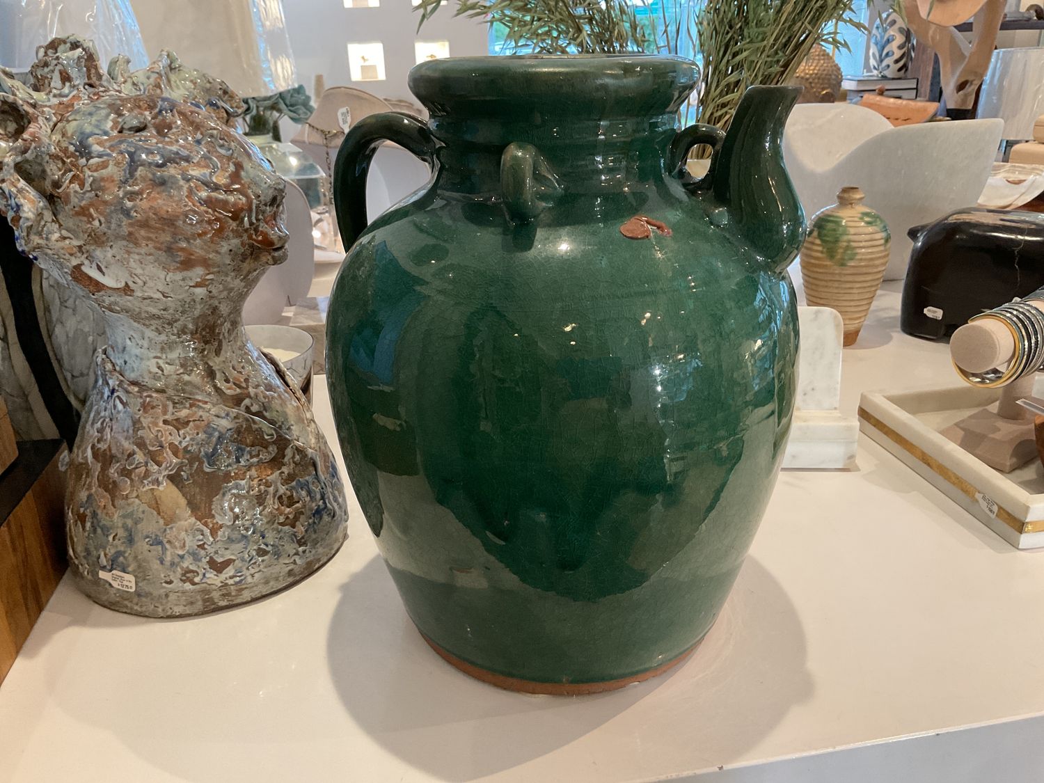 Jar Pitcher Clay Green Glazed Large 15&quot; x 11