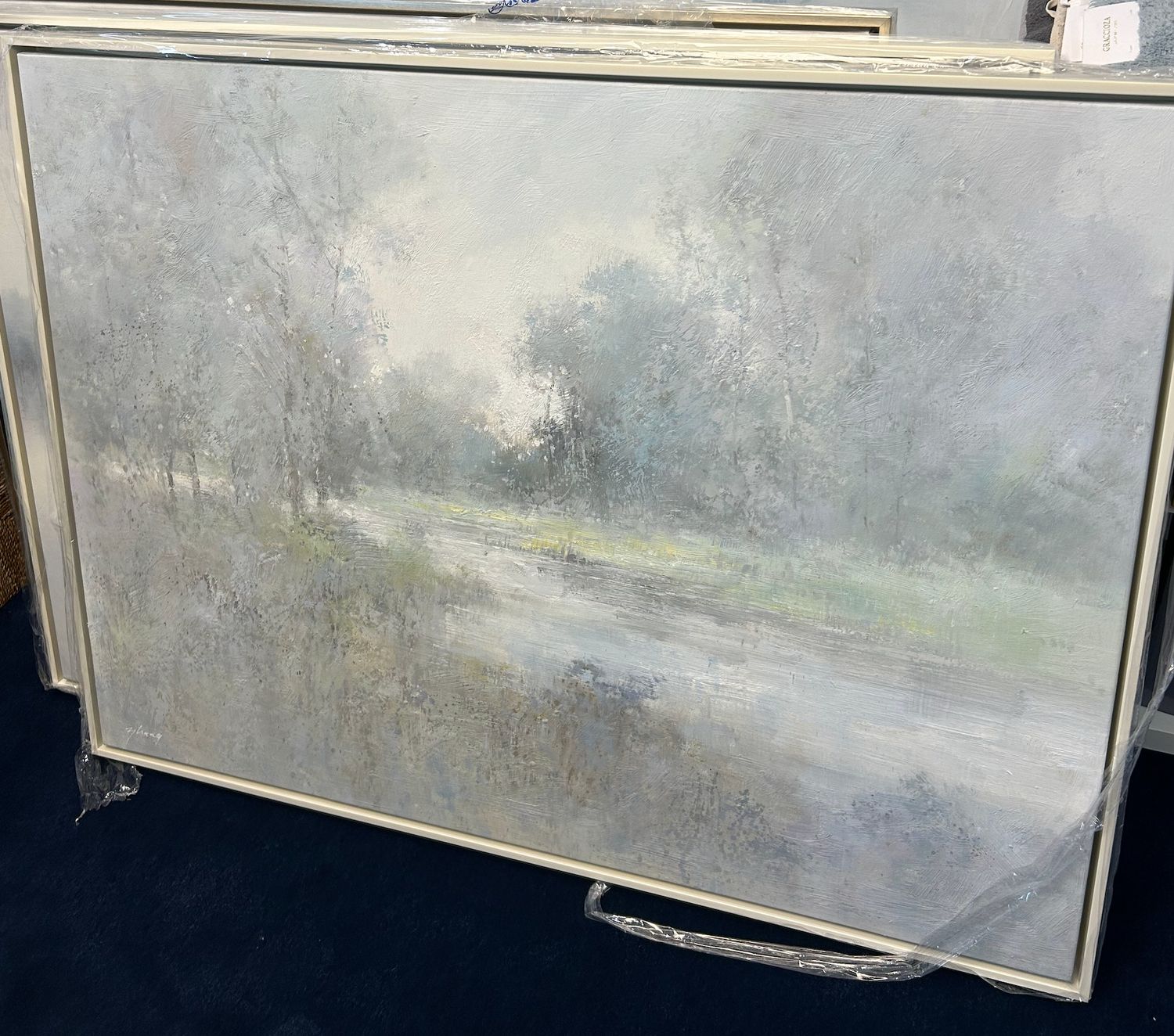 Original Art, 36x48, White Frame, Landscape with River and Trees