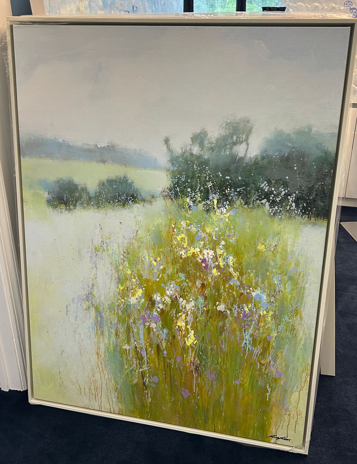 Original Art, 36x48, White Frame, Landscape with Flowers and Foliage