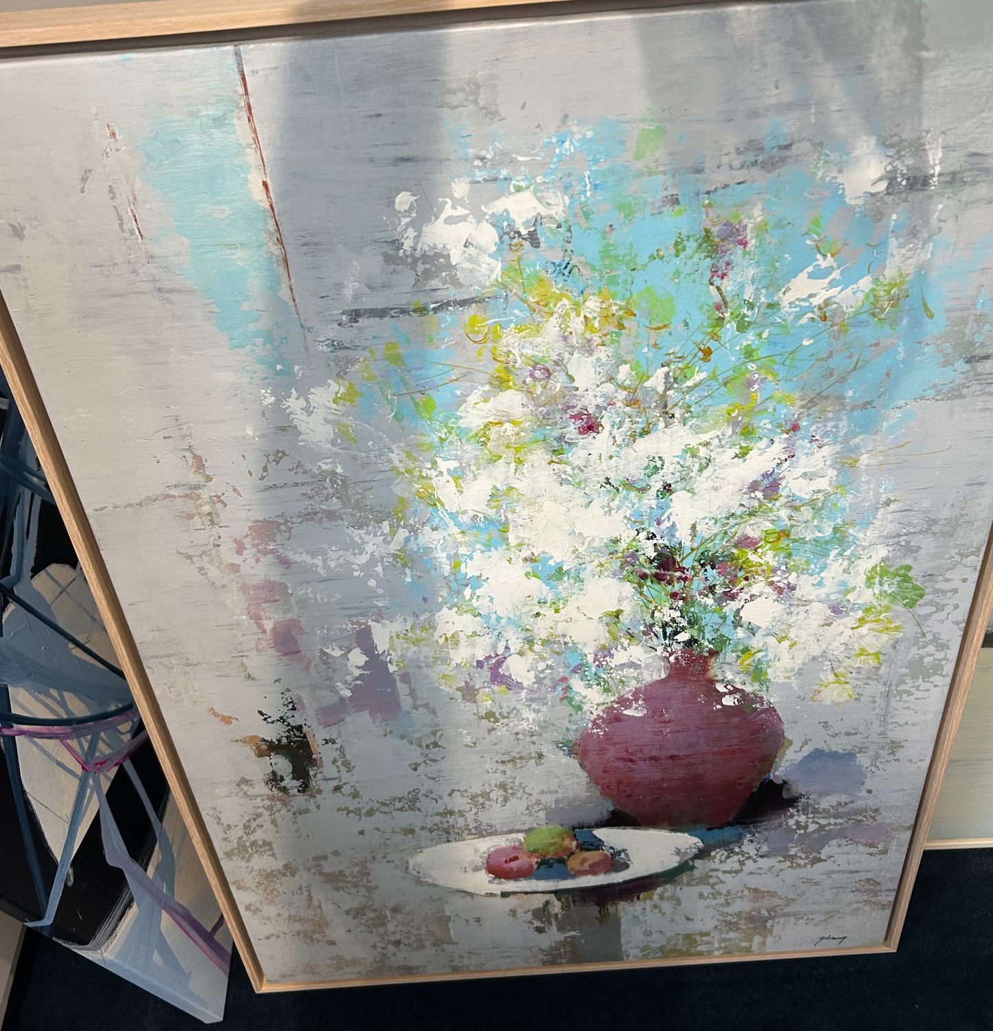 Original Art, 24x36, Natural Frame, Vase with Foliage and Plated Food