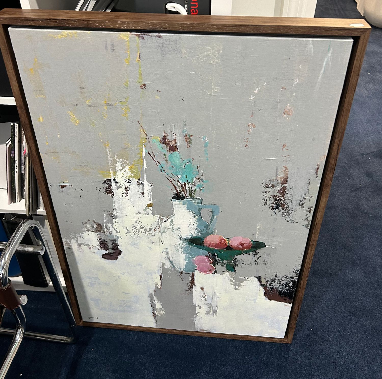 Original Art, 24x26, Brown Frame, Abstract Vase and Fruits