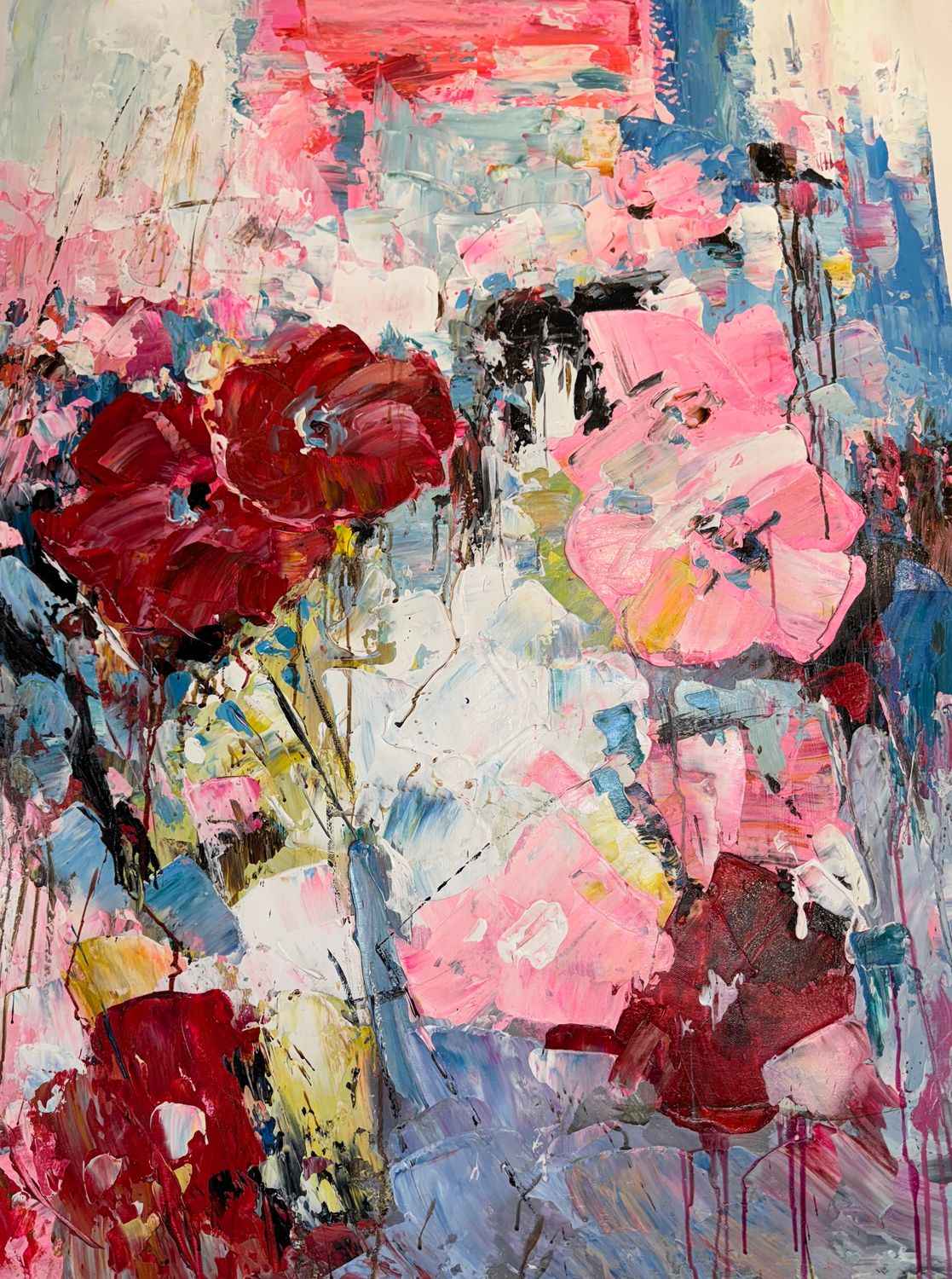 Original Art, 36x48, Natural Frame, Vibrant Abstract Flowers
