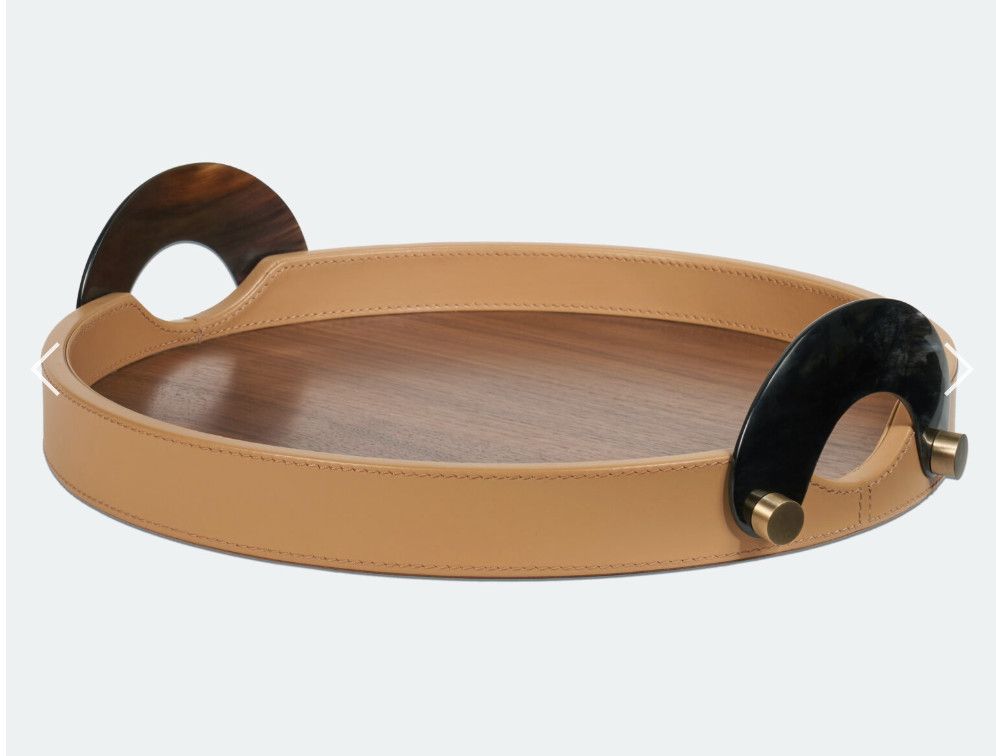 Round Top-Grain Leather Tray, Walnut Interior,  Horn Handles, Camel, 15&quot;D