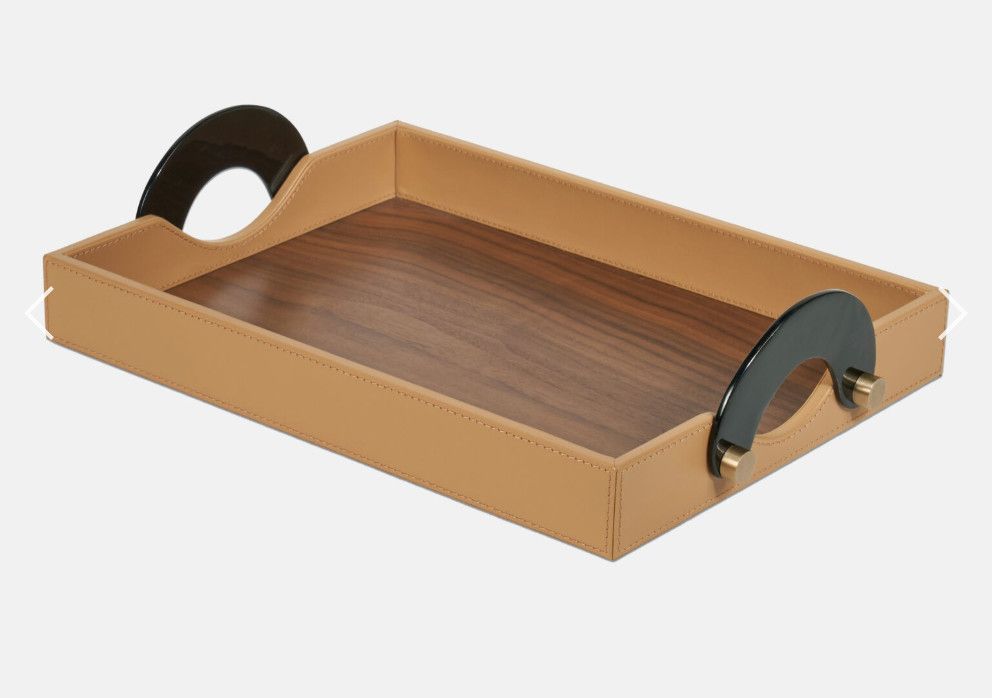Tray, Top-Grain Camel Leather, Walnut Interior, Horn Handles, 16.5&quot; x 12.5&quot;