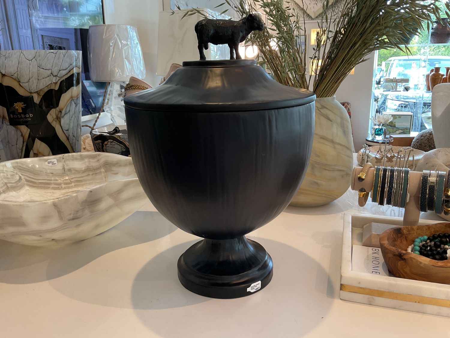 Decorative Canister, Sheep, Black Ceramic