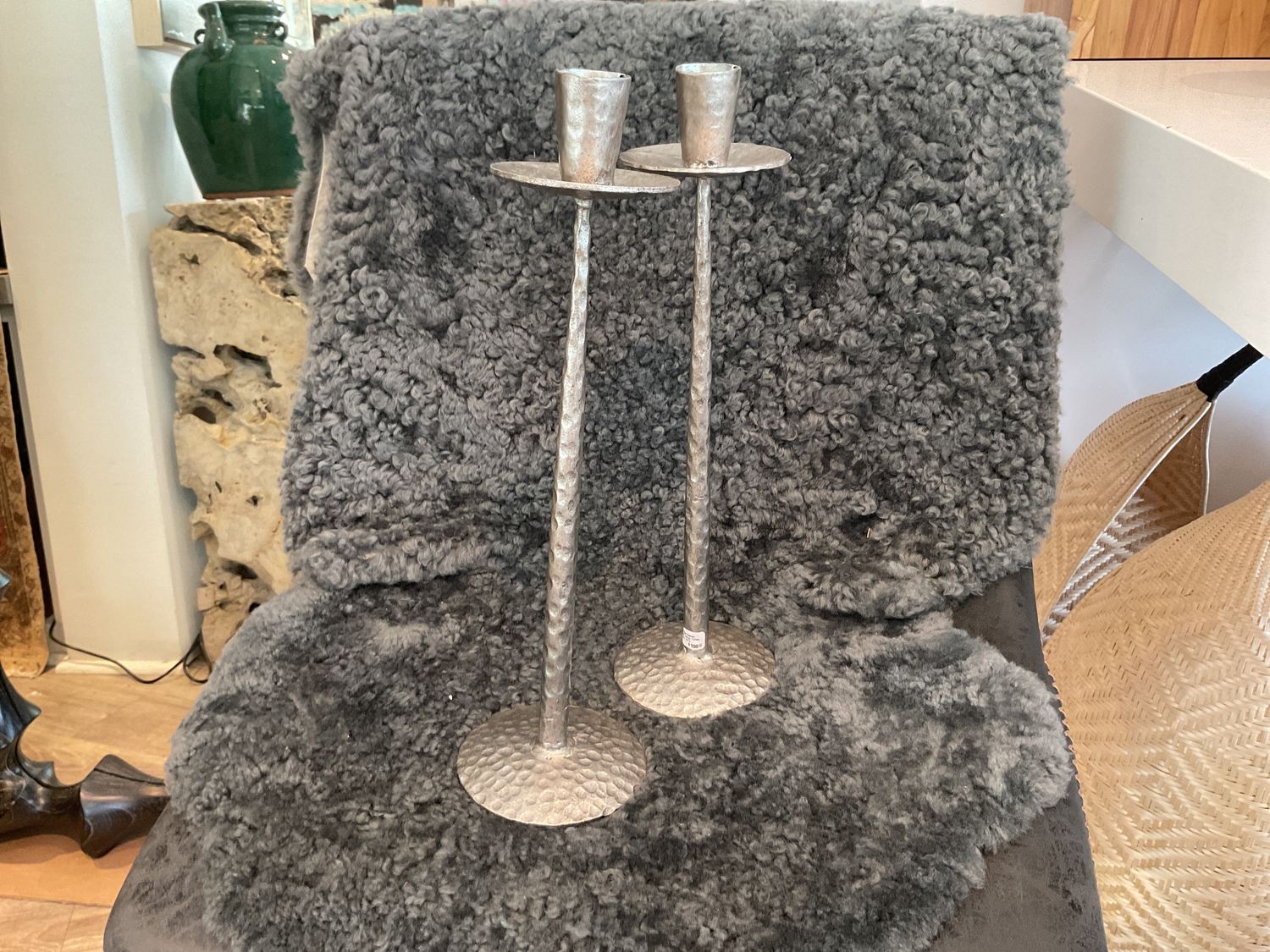 Candle Stands, Pair, Silver Toned, Thin, 14&quot;h