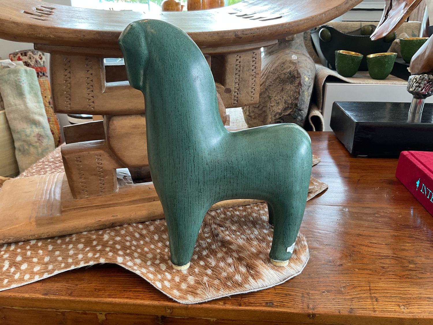 Porcelain Horse Statue , Green Glaze,  8&quot; L x 10&quot; H x 3&quot; D