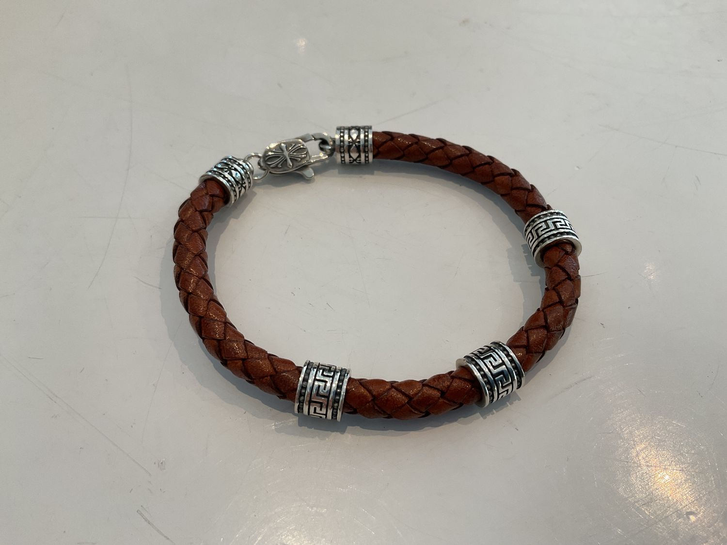 Brown Braided Leather Bracelet, 3 Silver Beads &amp; Clasp