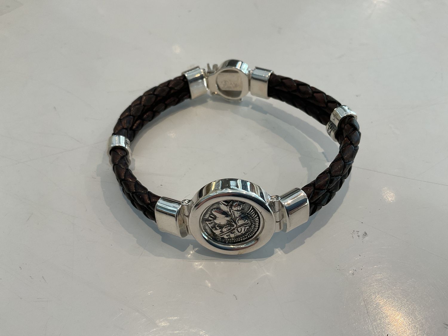 Bracelet, Double Braided Strap, Sterling Silver Medallion &amp; Clasp