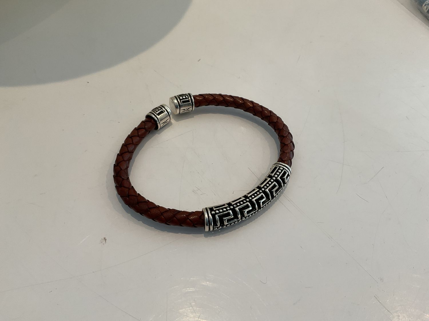 Brown Leather Braided Bracelet, Silver Greek Key Design