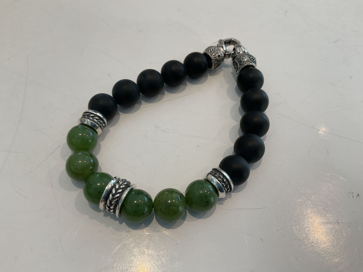 Bracelet, Black &amp; Green Jade Beads, Sterling Silver Rondelles and Clasp