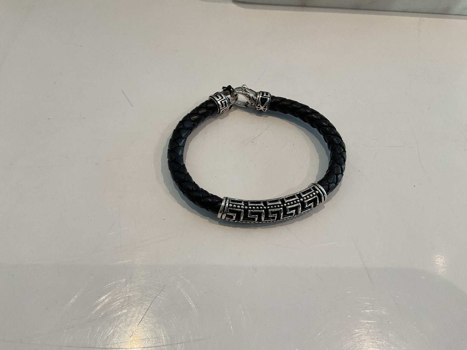 Bracelet, Black Braided Leather, Sterling Greek Key Bar