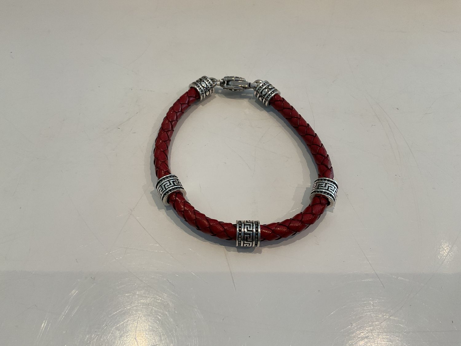 Bracelet, Braided Red Leather, 3 Sterling Rondelles
