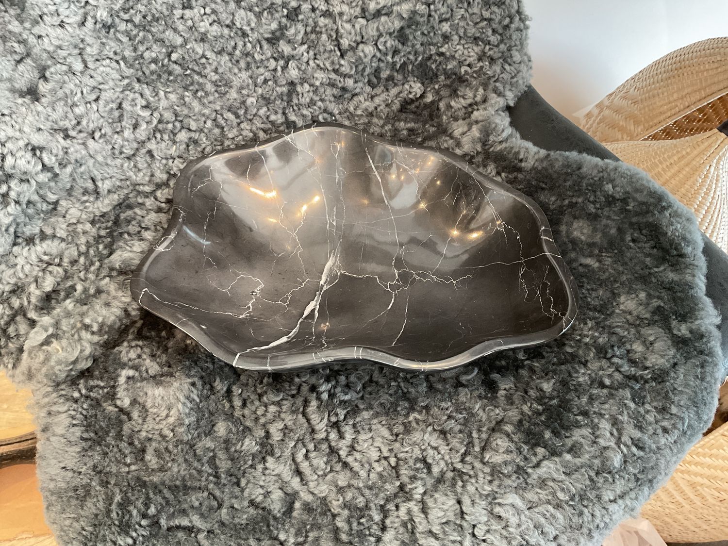 Marble Bowl, Scalloped Black w/ White Veining 12&quot;