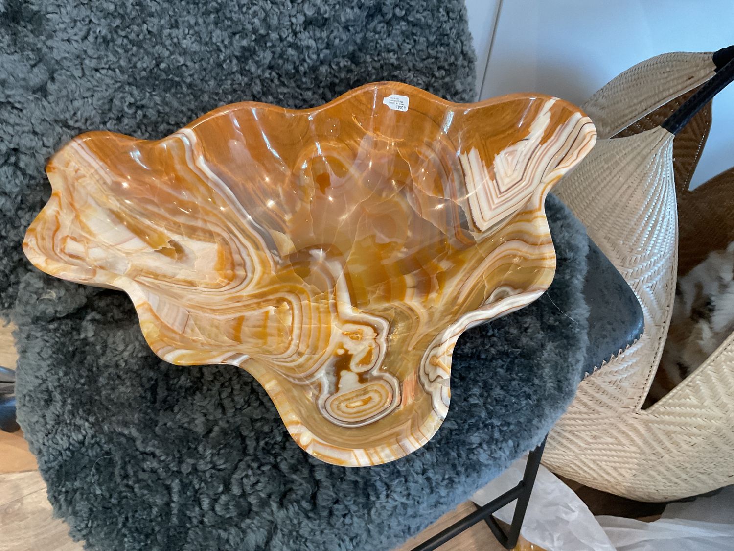Onyx Bowl, Scalloped Large Copper W/ Cream Swirls