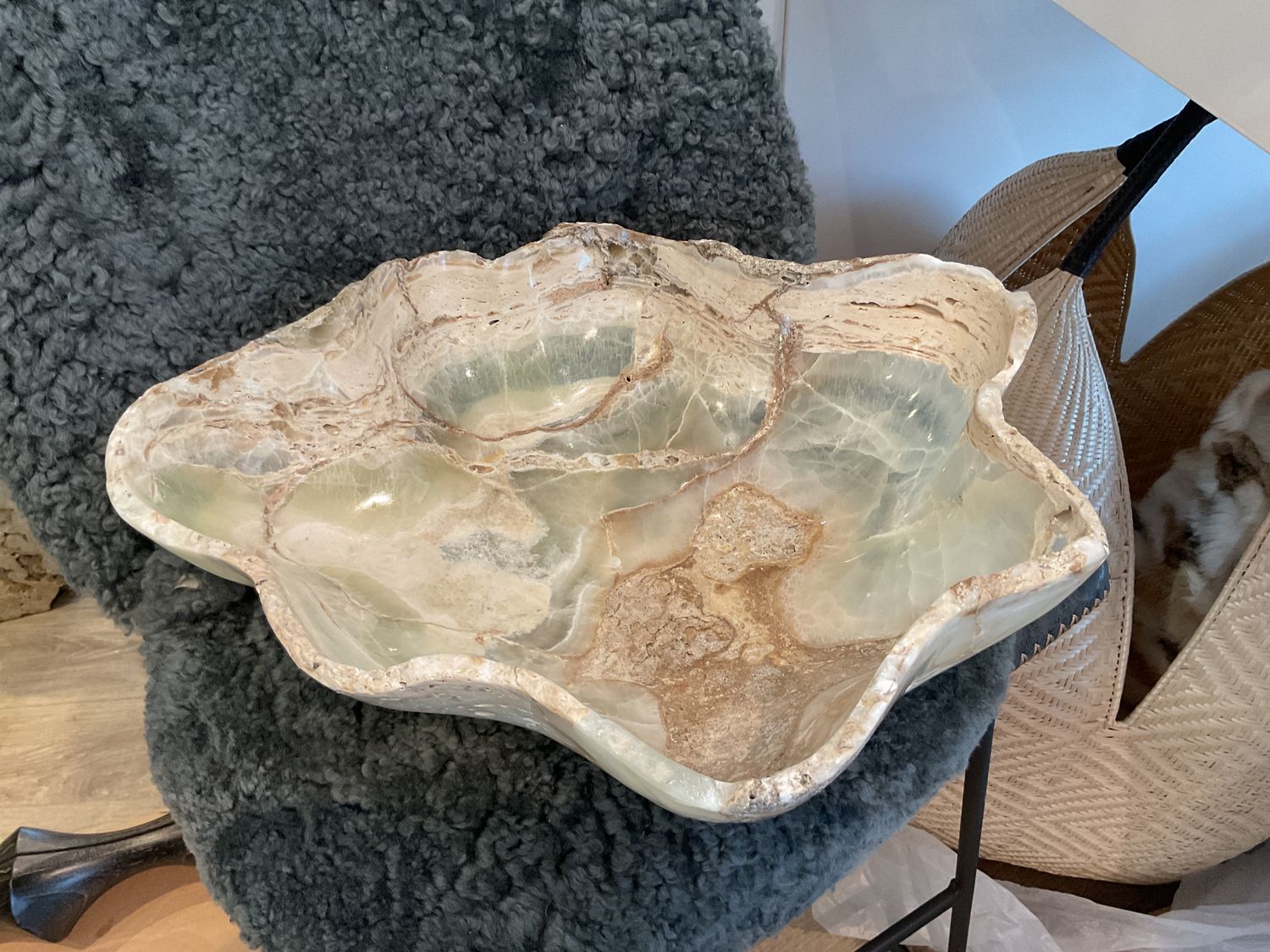 Onyx Bowl, Raw Edged Greens Tans Creams Large