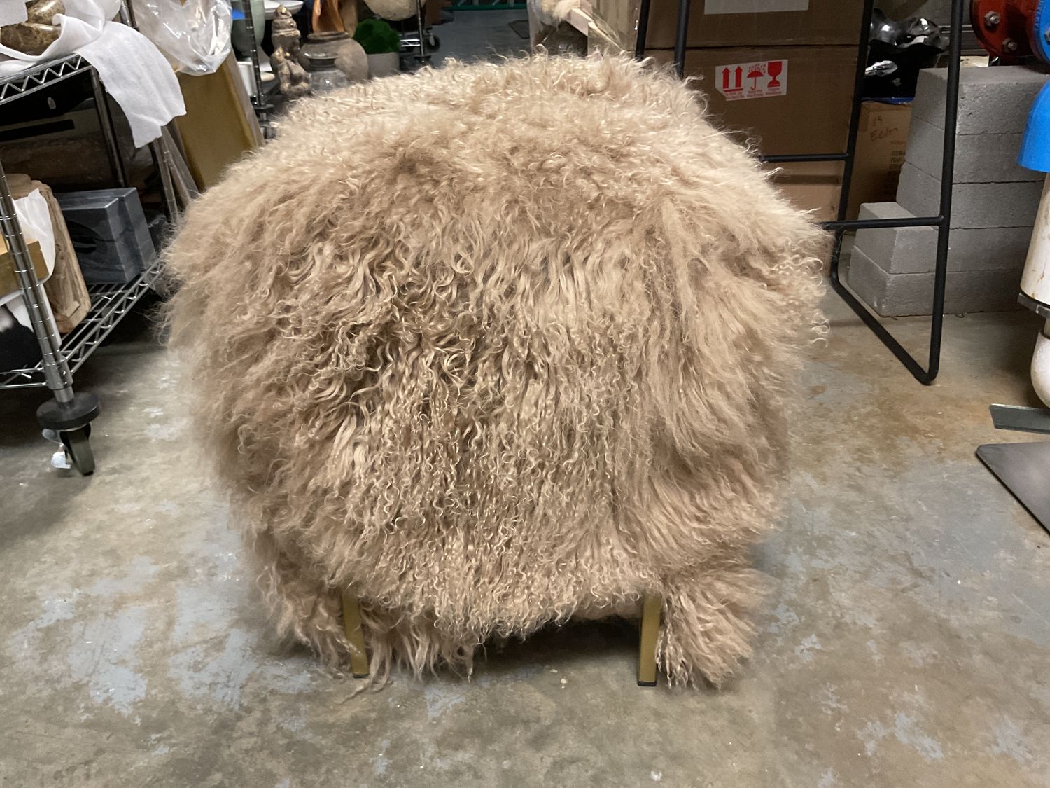 Ottoman w/ Gold Metal Stands, Tibetan Lamb Champagne