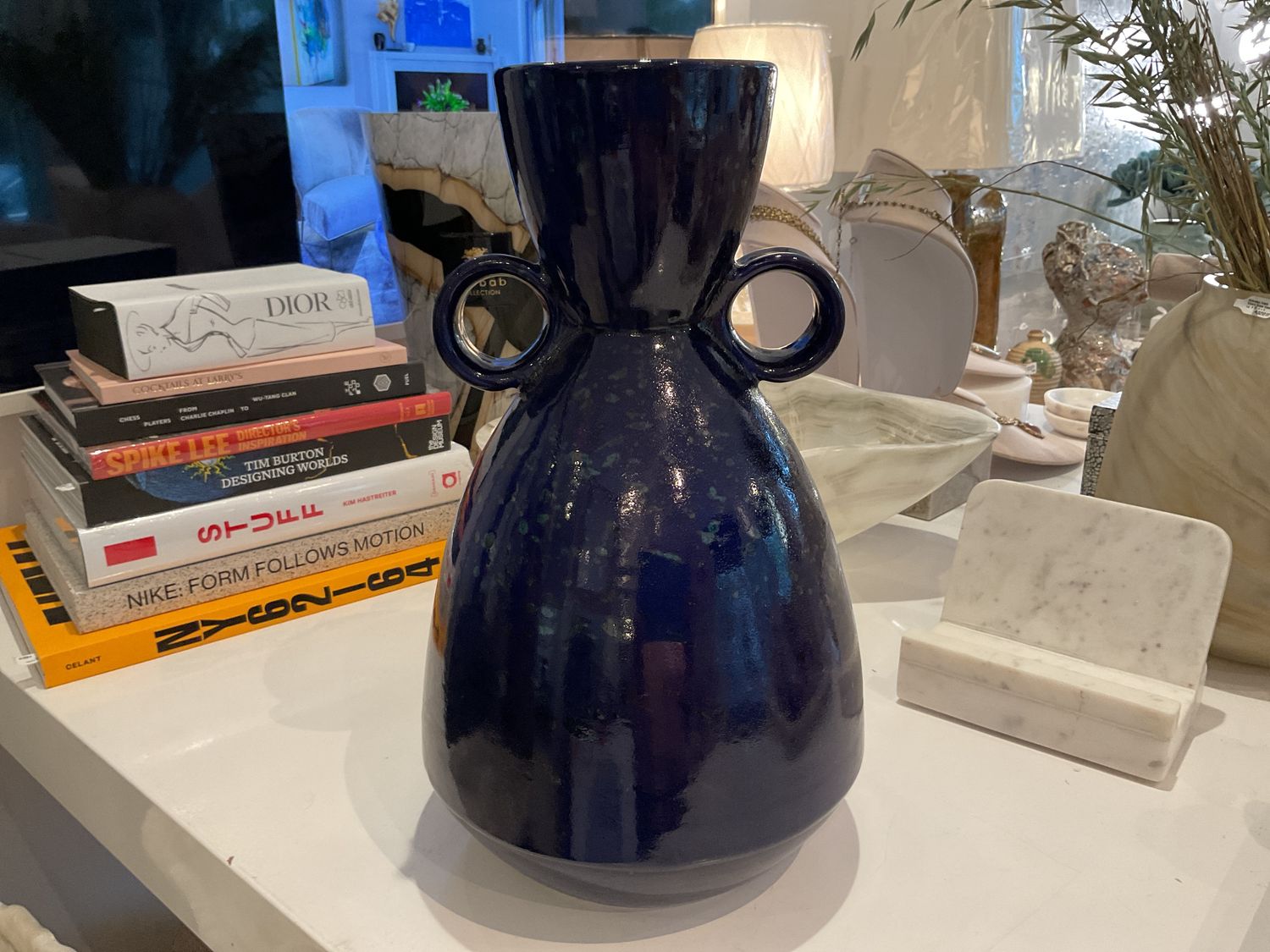 Ceramic Vase Blue Speckled Large 14.75&quot; Morocco